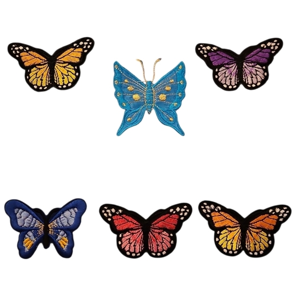 Accessories - Set Of 6 Colorful Butterfly Embroidered Iron On Patches, New, 2.5"